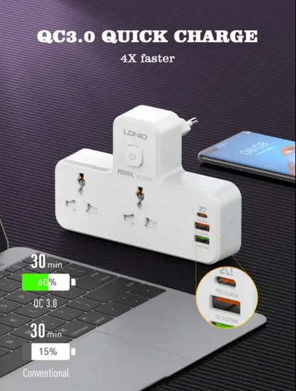 LDNIO fast charging power strip | 2 universal outlets | QC3.0 USB-A 18W | PD USB-C 20w | Auto ID USB-A 12W