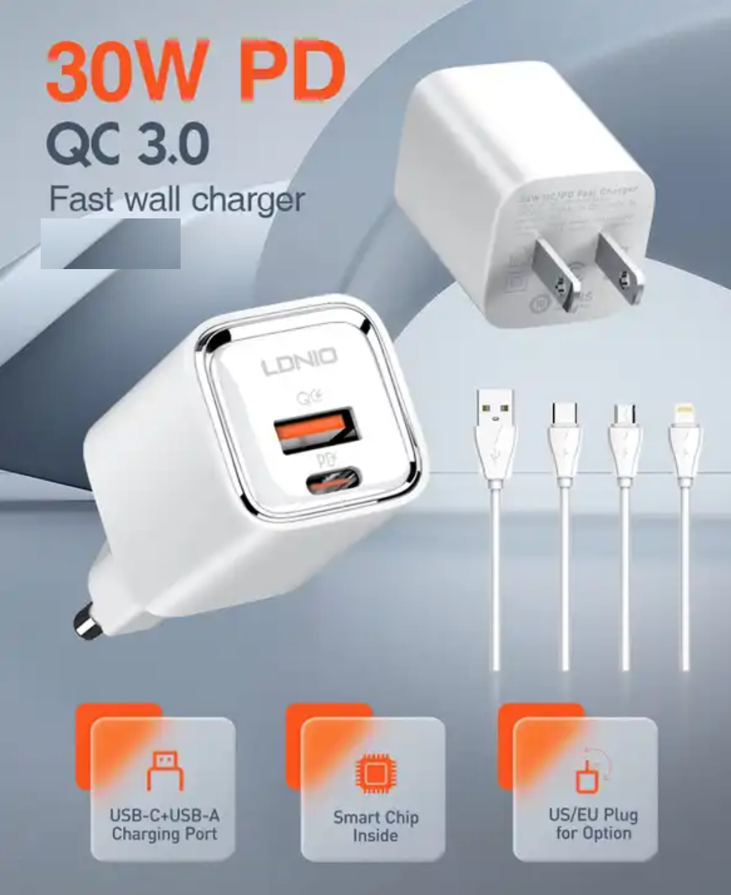 LDNIO PD QC wall charger | dual ports | USB-A + USB-C | PD 30W QC 18W | GaN |EU plug