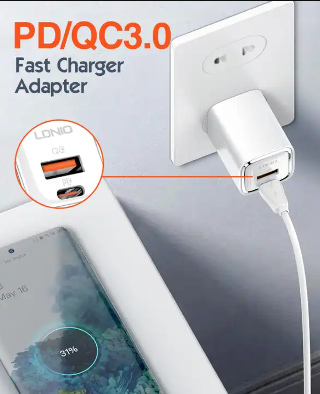 LDNIO PD QC wall charger | dual ports | USB-A + USB-C | PD 30W QC 18W | GaN |EU plug