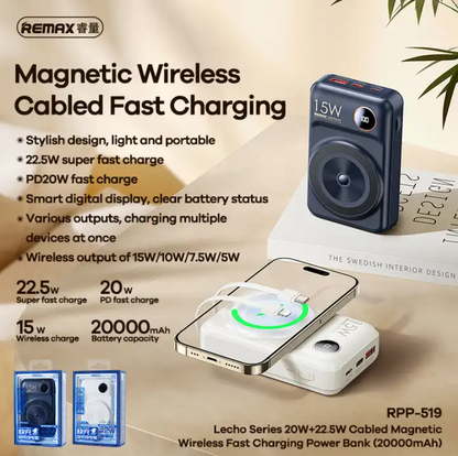 REMAX full-featured fast charging power bank | 20000mah | magnetic wireless 15W | cabled usd-c 22.5w lightning 20w