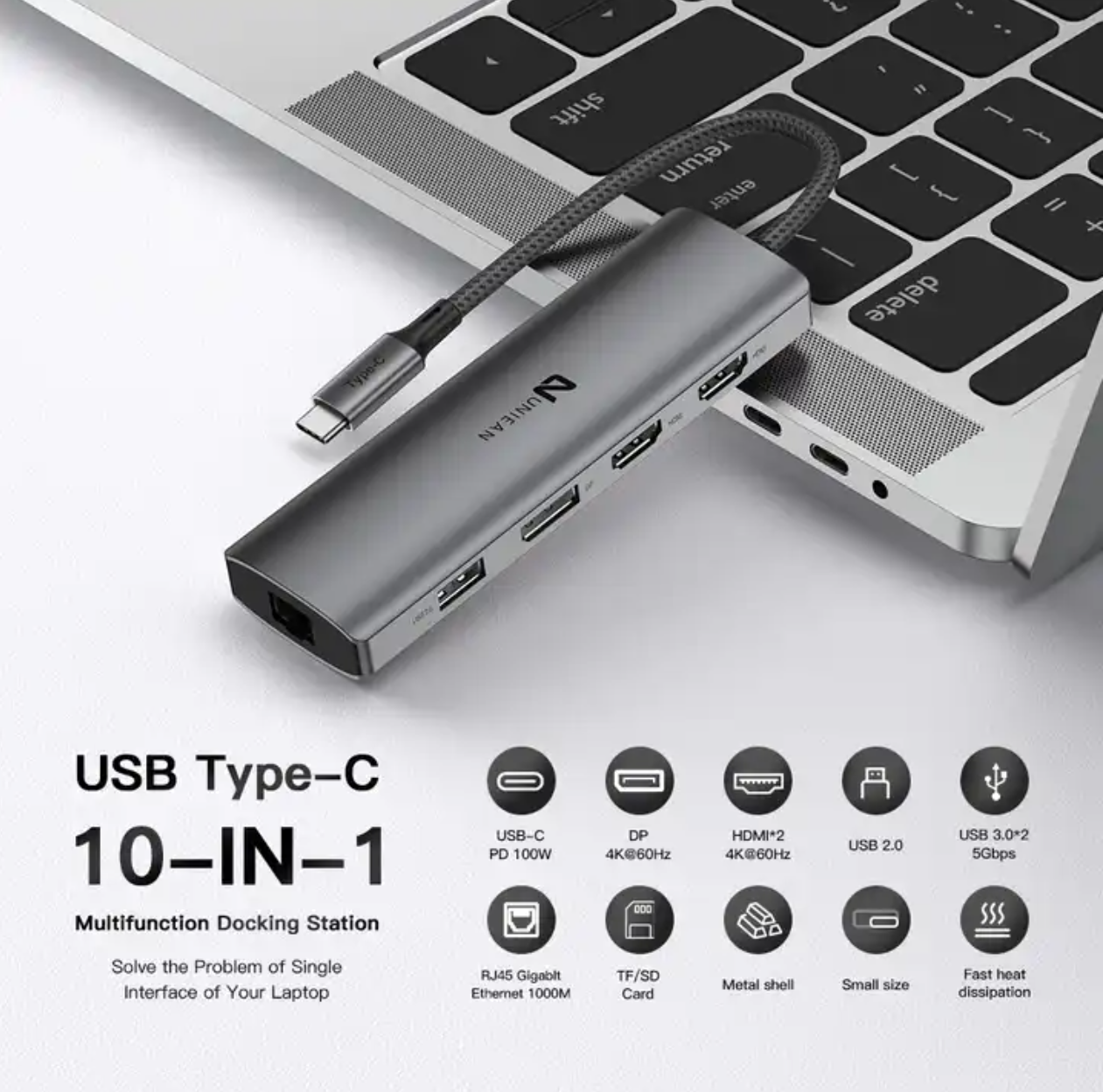 Yulian 10 poorten USB-C dockingstation usb-hub| MST | HDMI 4K60Hz x 2 | DP 4K60Hz | RJ45 | PD100W | usb3.0 X2 | usb2.0x1 | TF SD-kaart