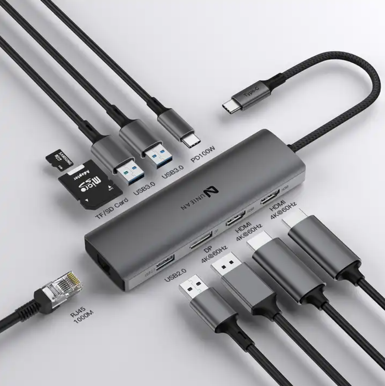 Yulian 10 poorten USB-C dockingstation usb-hub| MST | HDMI 4K60Hz x 2 | DP 4K60Hz | RJ45 | PD100W | usb3.0 X2 | usb2.0x1 | TF SD-kaart