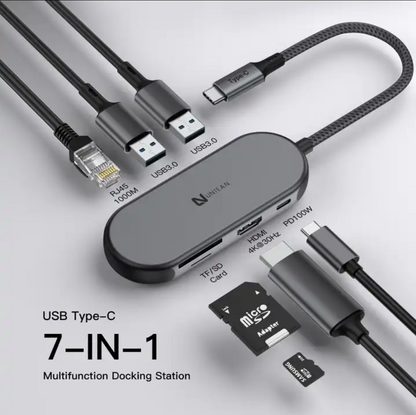 Yulian 7 ports USB-C docking station usb hub| HDMI 4K60Hz | RJ45 |PD100W | usb3.0 5G X 3 | TF SD card