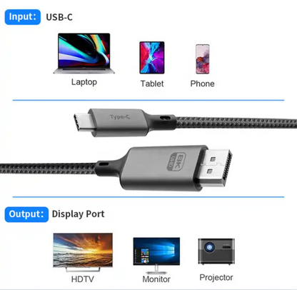 Yulian USB-C naar DP-kabel | C2D | 8K60HZ 48Gbps | video en audio | 1m